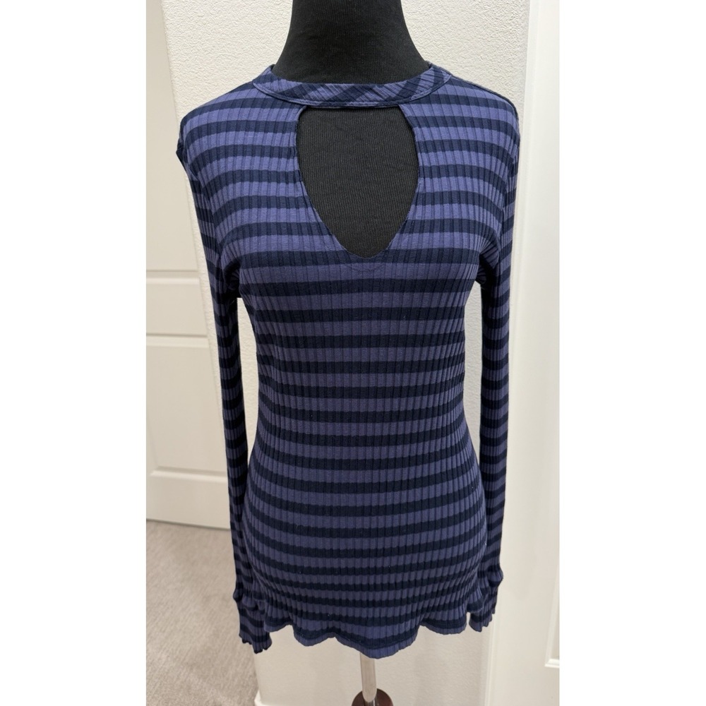Twenty Montreal Blue Striped Ribbed Sweater L Keyhole Bodycon Fitted Cutout